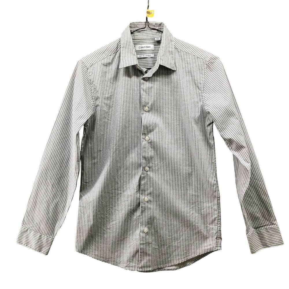 Calvin Klein Boys Size 14 Long Sleeve Dress Shirt Slim Fit Houndstooth Gray